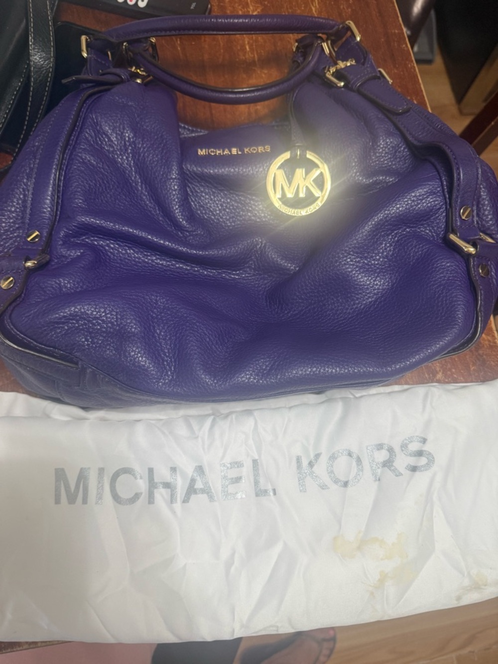 Michael Kors Purple Leather Shoulder Bag with Gold MK Charm